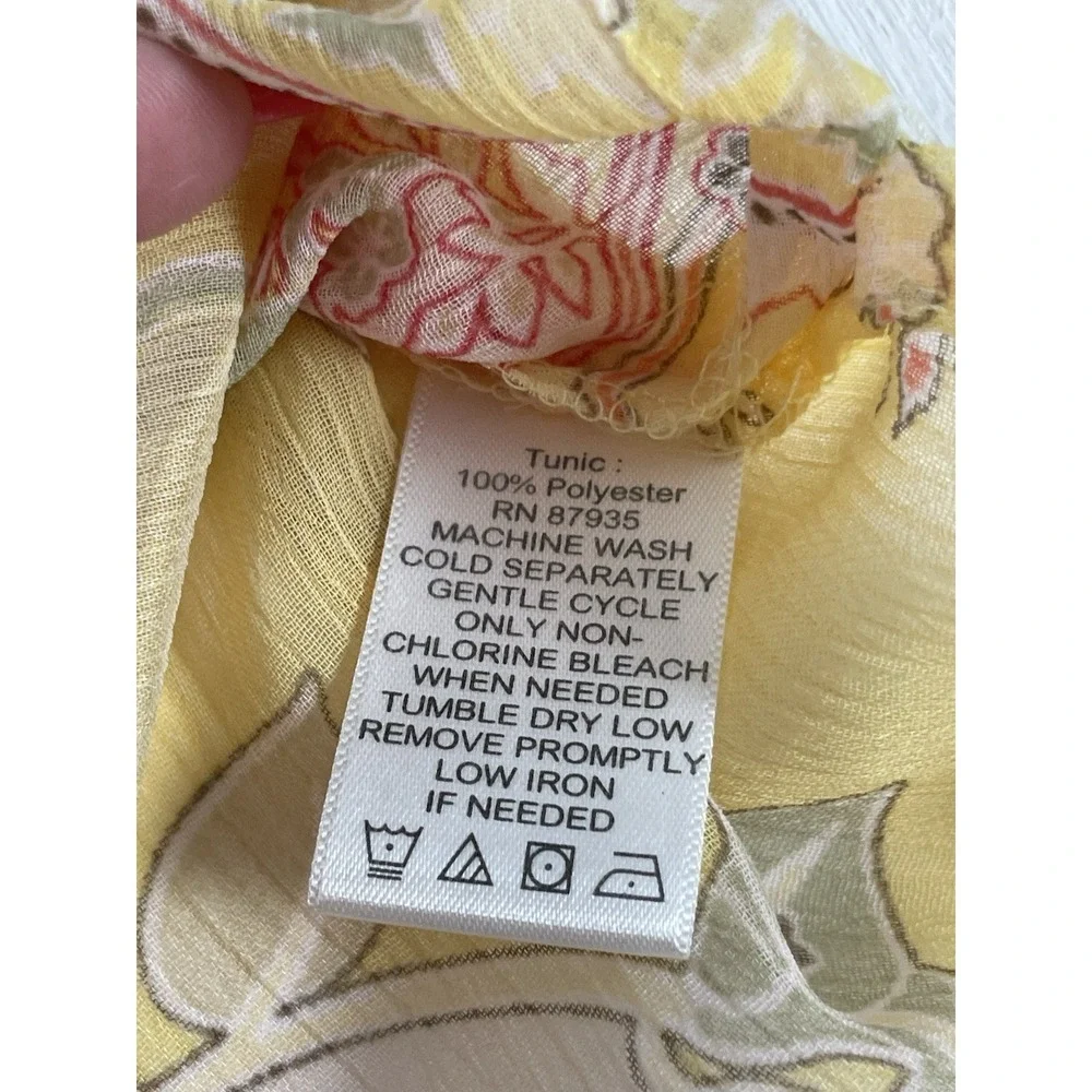 Susan Graver Blouse Popover V-neck Top Size S Yellow Colorful Semi Sheer Floral - Picture 7 of 14